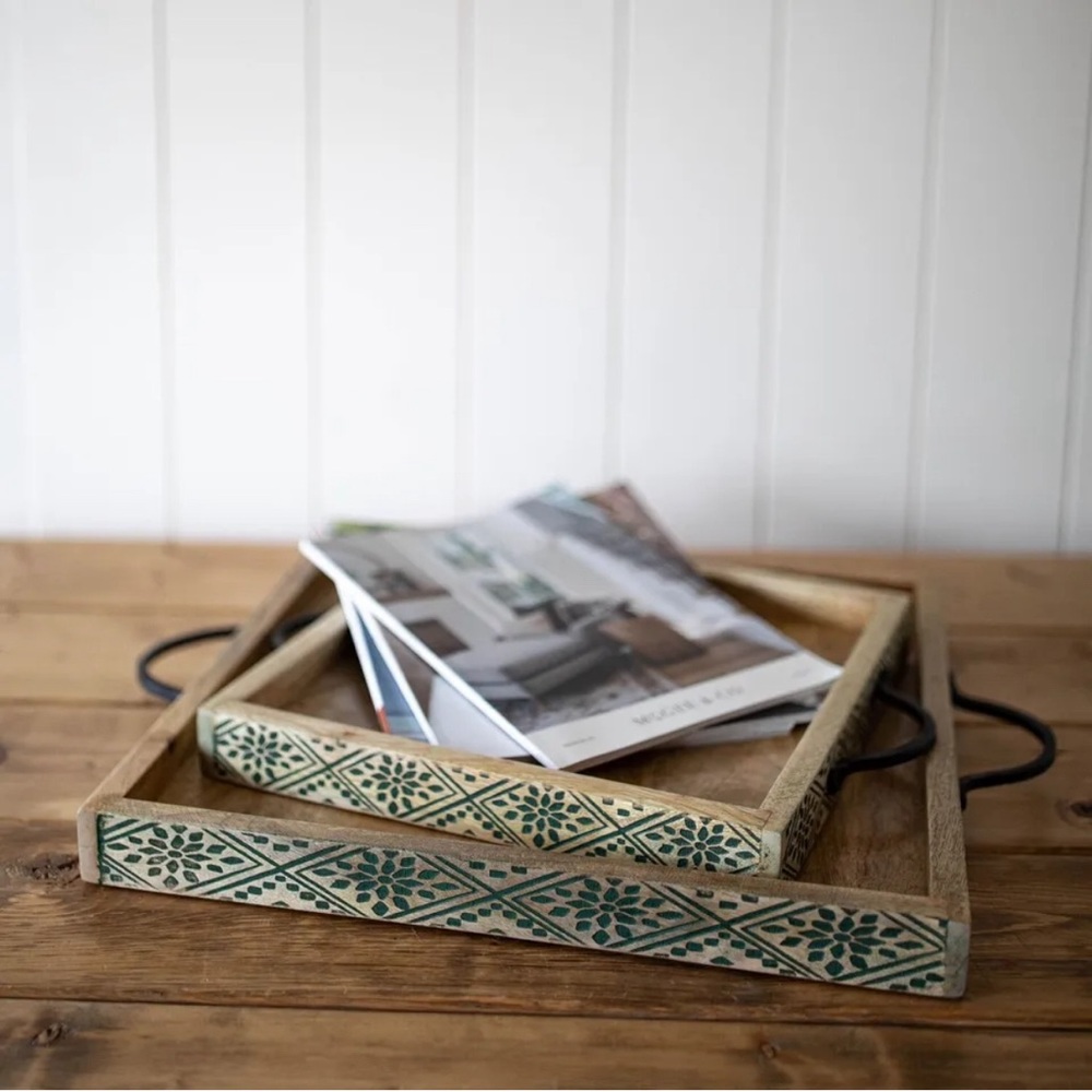 Grove Carved Geometric Cottagecore Wood Trays, Set of 2 Foreside Home And Garden